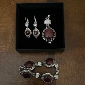 Lia Sophia Silver and Burgundy Earrings, Pendant and bracelet set